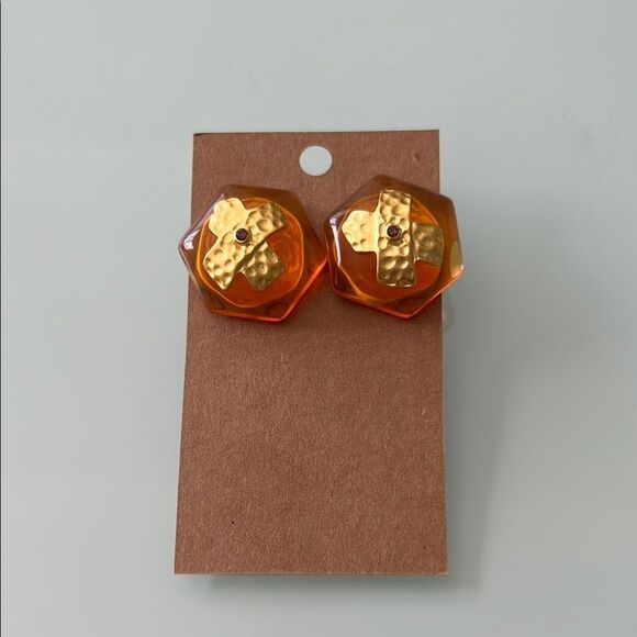 Amber and Gold Hexagon Earrings A1053 - Picture 1 of 2